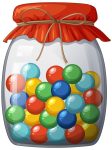 Assorted colorful round candies in a sealed jar